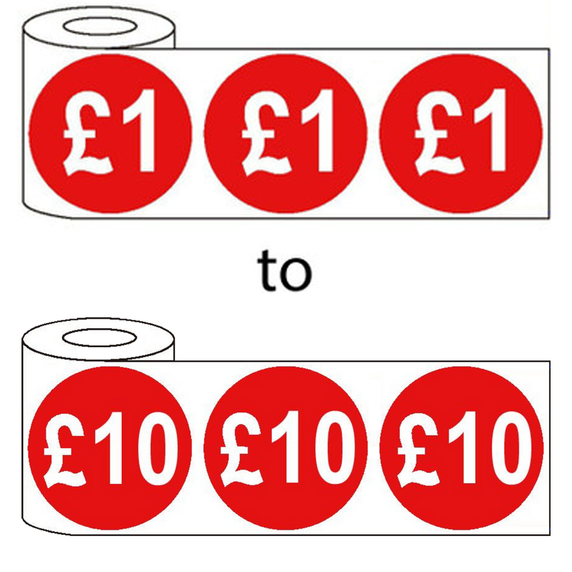 500x 45mm £1-£10 Red Self Adhesive Price Stickers