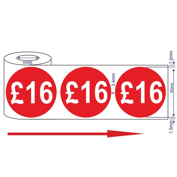 500x 45mm £16 Red Self Adhesive Round Price Stickers