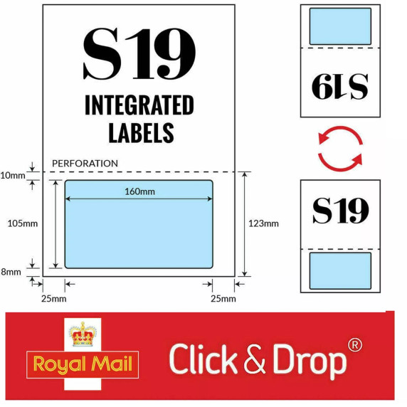6000 Royal Mail Click & Drop Labels - A4 Integrated Labels - S19 -160mm X 105mm