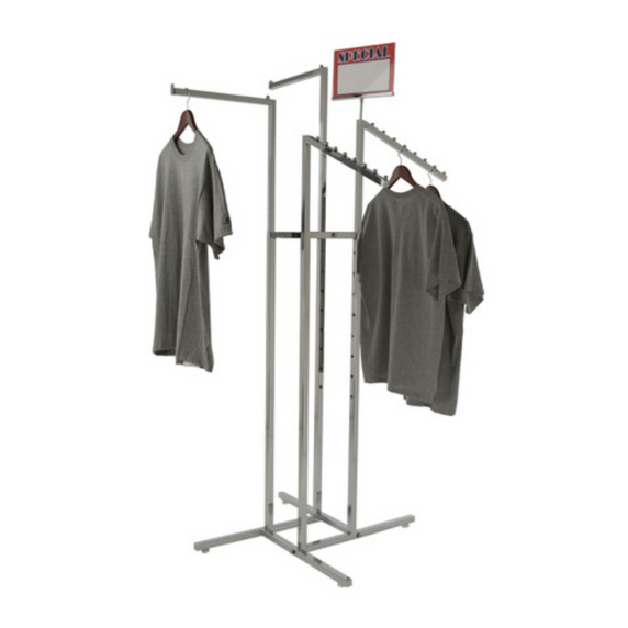 Chrome Clothes Rail Display Stand - 2 Straight & 2 Sloping Arms