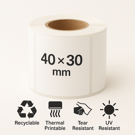 Plain White 40 × 30 mm Thermal Self-Adhesive Labels