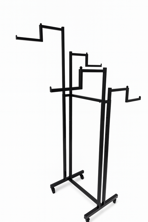 Heavy Duty 4-Way Step Arm Clothing Display Rail Stand – Adjustable Height Retail Garment Rack with Lockable Wheels – Black