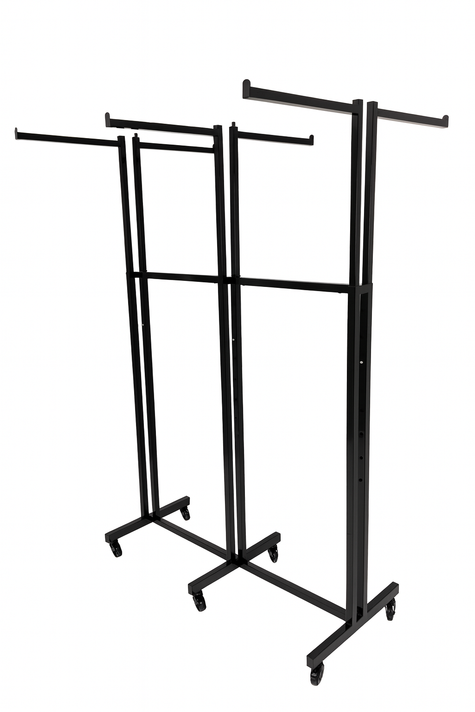 Heavy Duty 6-Way Straight Arm Clothing Rail – Adjustable Black Retail Display Stand with Castors & Brakes