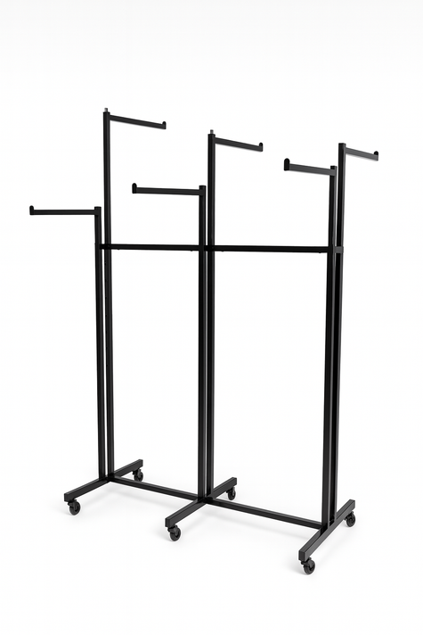 Heavy Duty 6-Way Straight Arm Clothing Rail – Adjustable Black Retail Display Stand with Castors & Brakes