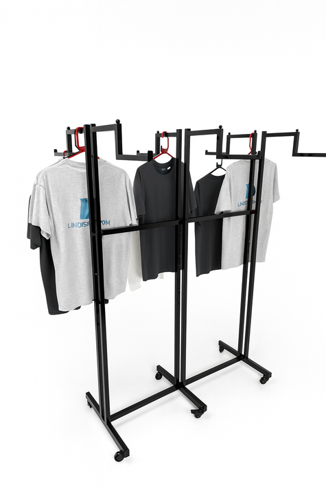 Heavy Duty 6-Way Step Arm Clothing Rail – Adjustable Retail Display Stand on Wheels Adjustable Black Retail Display Stand with Castors & Brakes