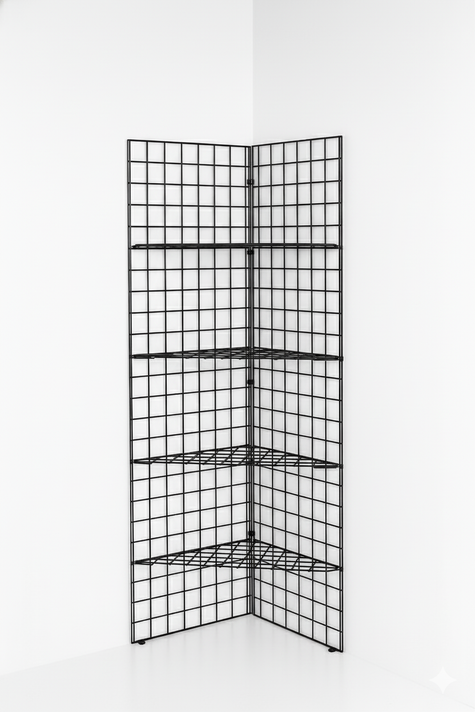 6ft Black /Chrome Corner Grid Mesh Display Unit With 4 Shelves– Heavy Duty