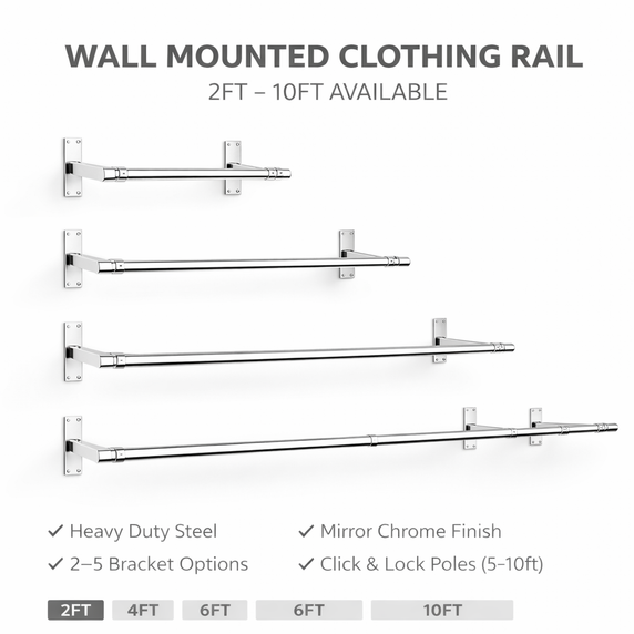 32mm Wall Mounted Clothes Rail Chrome Garment Hanging Bar