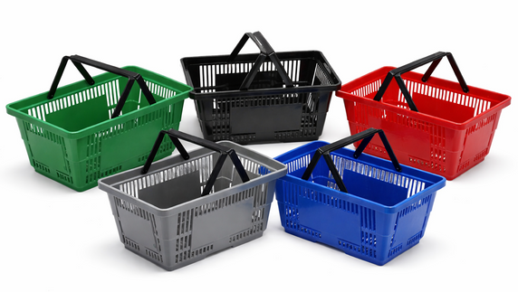 28 Litre Heavy Duty Retail Shopping Basket with Foldable Handles – Stackable HDPE Store Basket (5 Colours)