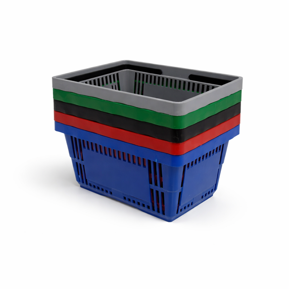 21 Litre Heavy Duty Retail Shopping Basket with Foldable Handles – Stackable Plastic Basket