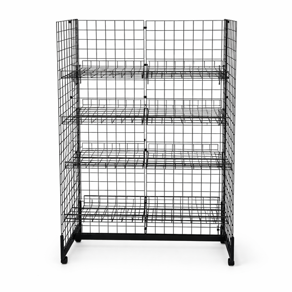 8ft H-Shape Grid Mesh Gondola Display Stand with Wheels – Double-Sided Retail Gridwall Merchandiser with Shelves