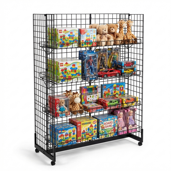 8ft H-Shape Grid Mesh Gondola Display Stand with Wheels – Double-Sided Retail Gridwall Merchandiser with Shelves