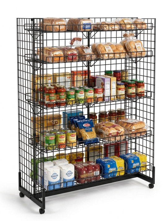 8ft H-Shape Grid Mesh Gondola Display Stand with Wheels – Double-Sided Retail Gridwall Merchandiser with Shelves