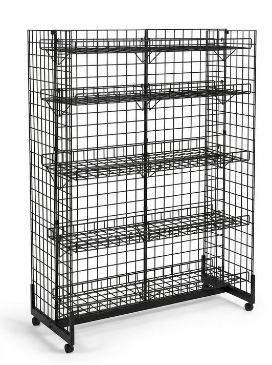 8ft H-Shape Grid Mesh Gondola Display Stand with Wheels – Double-Sided Retail Gridwall Merchandiser with Shelves