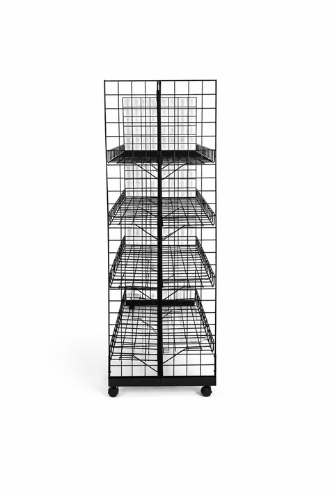 7ft H-Shape Grid Mesh Gondola Display Stand with Wheels – Double-Sided Retail Gridwall Merchandiser with Shelves