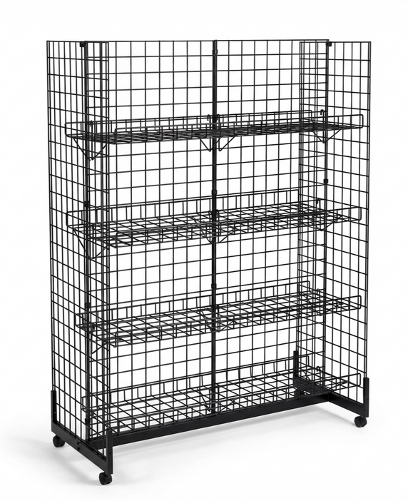 7ft H-Shape Grid Mesh Gondola Display Stand with Wheels – Double-Sided Retail Gridwall Merchandiser with Shelves