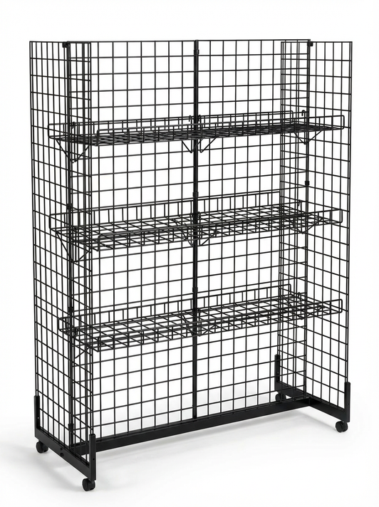 6ft H-Shape Grid Mesh Gondola Display Stand with Wheels – Double-Sided Retail Gridwall Merchandiser with Shelves