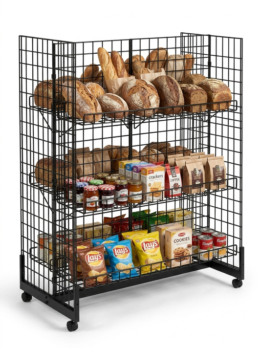 4ft H-Shape Grid Mesh Gondola Display Stand with Wheels – Double-Sided Retail Gridwall Merchandiser with Shelves