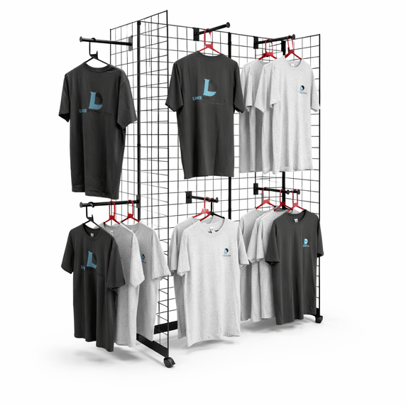 Double-Sided Gridwall Gondola Display Rack with Hanging Arms – Retail Clothing Display Stand