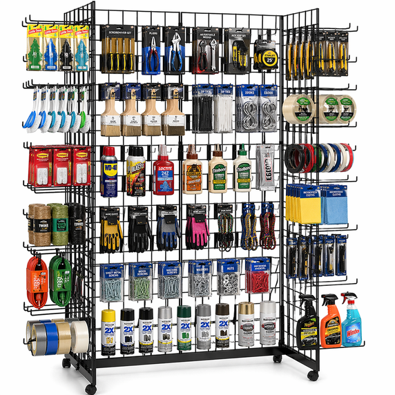 7ft Black Grid Mesh 'H' Stand Gondola Stand With 624x Single Hooks