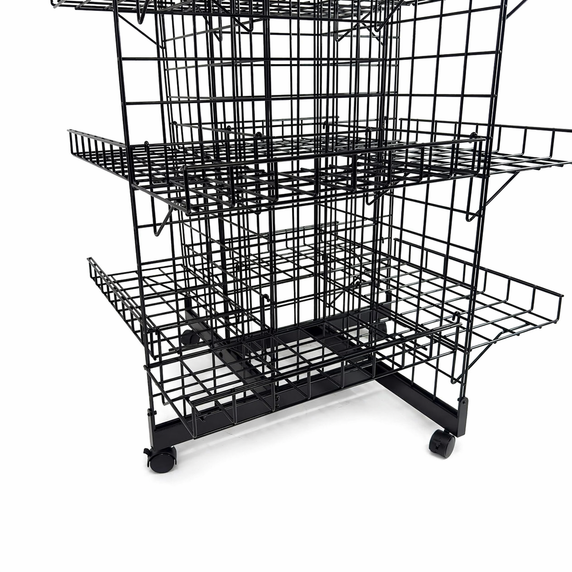 7ft Black 4-Way Grid Mesh Display Stand With 28 Shelves & Wheels