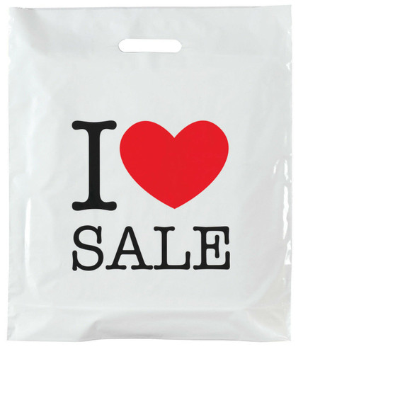 100X PLASTIC I LOVE SALE PRINTED CARRIER BAGS