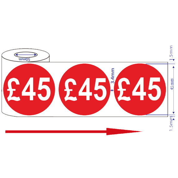 500x 45mm £45 Red Self Adhesive Round Price Stickers