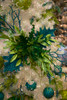 Green Poinsettia Mixed with Glitter Green Bay Leaves and Blue Ornaments