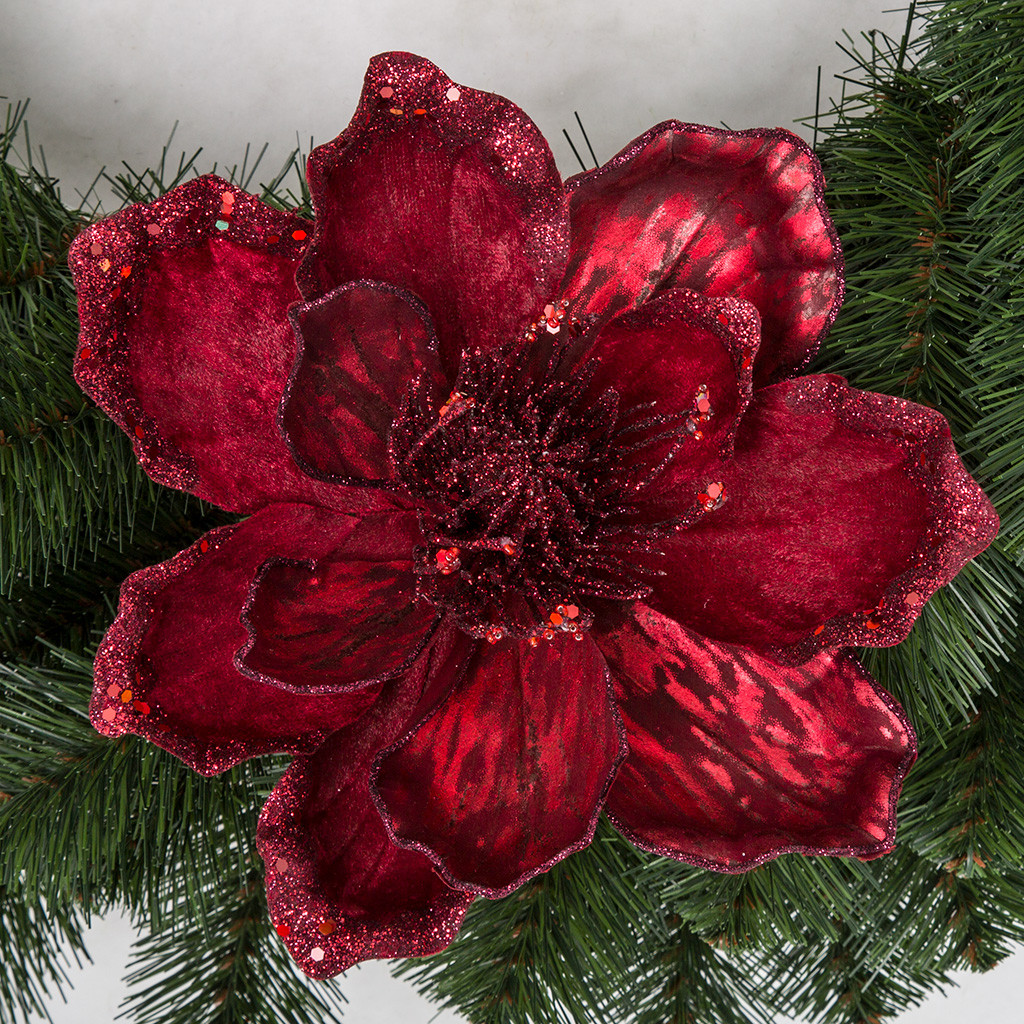 7 Inch Burgundy Magnolia Flower Clip on Ornament