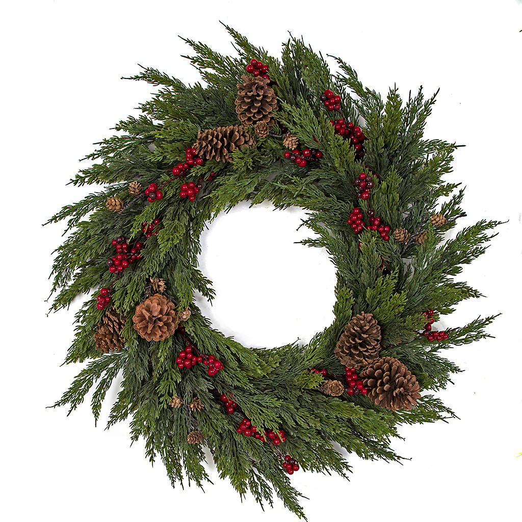 Corona Navideña Festive Productions - Bayas Y Conos, Verde, 60 Cm