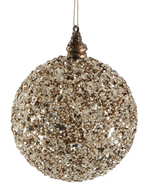 5 Inch Champagne Glittered & Beaded Ball Ornament