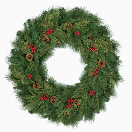 36" Mixed Pine Wreath with Red Berries and Pine Cones