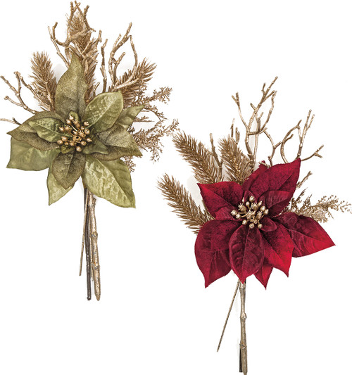 12" Metallic/Velvet Poinsettia Pick
Metallic Sage Green Or 
Red Velvet