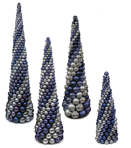 Reflective/Matte Navy Blue, Dark Blue & Pewter Silver Cone Ball Ornaments