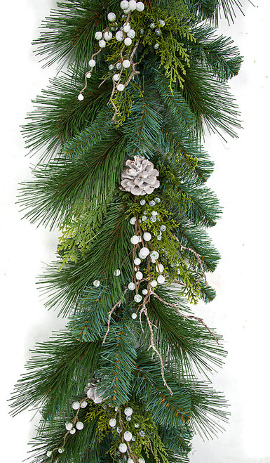 Close Up of Pine Tips, Frosted White Berries, and PineCones