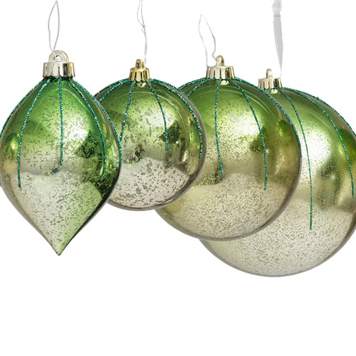 Mercury Glass Finish Ombre Ornaments in Green/Gold
