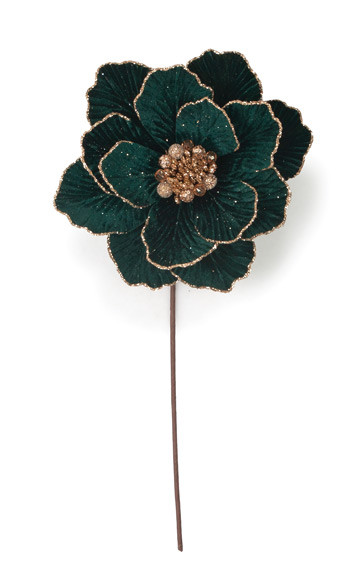 21" Emerald Green Velvet Magnolia Stem with Gold Glitter Edge