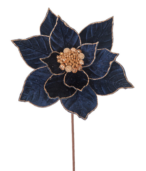 21" Navy Blue Velvet Poinsettia Stem  with Gold Glittered Edt