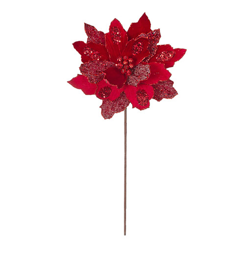 19.5" Velvet/Glittered Red Poinsettia Stem