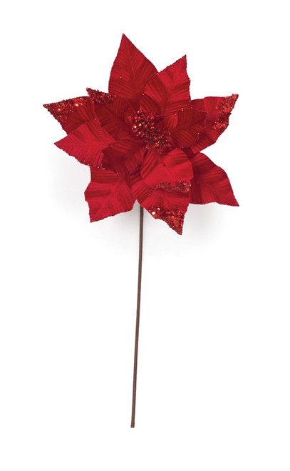 19.5" Velvet/Sequined Red Poinsettia Stem