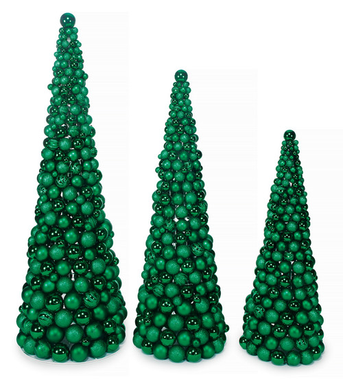 Mixed Glittered/Reflective Green Ball Cone Trees - 4', 5', 6' Tall. Sold Separately.