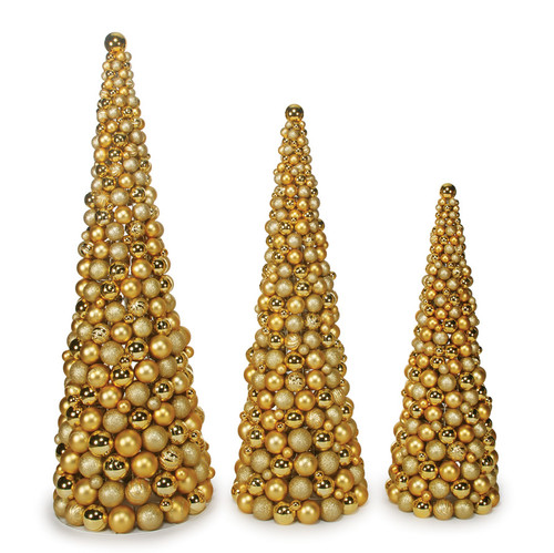 Mixed Glittered/Reflective Gold Ball Cone Trees - 4', 5', 6' Tall. Sold Separately.