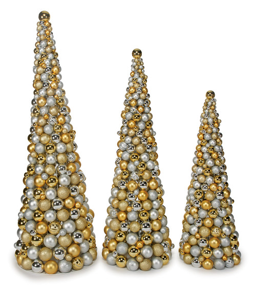 Mixed Glittered/Reflective Gold Ball Cone Trees - 4', 5', 6' Tall. Sold Separately.
