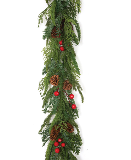 6' UV Natural Touch Mixed Cedar/Fir/Pine Garland
with Pinecones and Red Berries