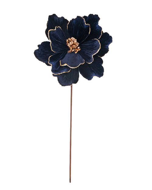 P-260182 - 21" Velvet Navy Blue Magnolia with Gold Glitter