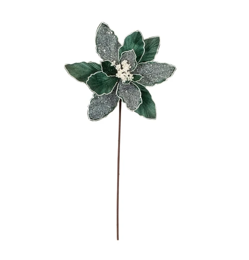 P-260322 - 22" Iced Teal Green Poinsettia Stem w/White Iridescent Glitter
