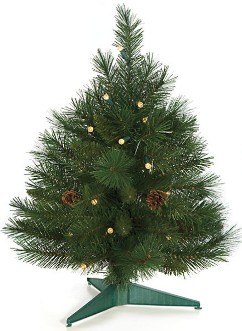 24 Inch Mixed Pine Tree 
69 Tips
6 Pine Cones 
30 G12 Clear LED Lights
18 Inch Width