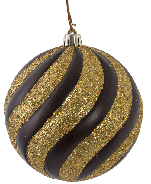 5 Inch Matte Black Ball Ornament with Beaded/Glittered Gold Swirl