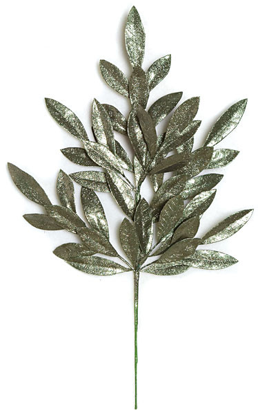 23 Inch Vintage Green Glittered Bay Leaf Spray | Autograph Foliages
