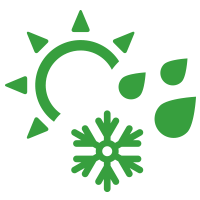 Green part of a sun, a hexagonal snow like shape and three drops