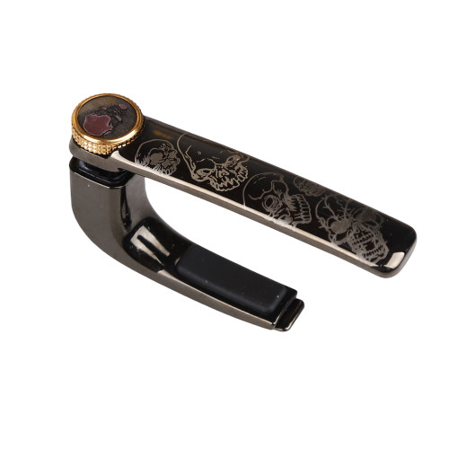 Jstaff J2 Cartridge Capo for Acoustic and Classical Guitar – Copper Alloy with Storage Pouch, Black Gold Skulls